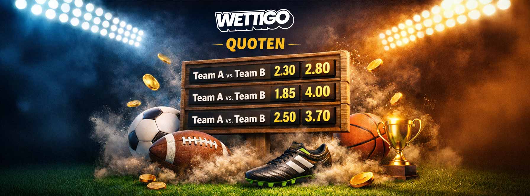 Wettigo Quoten Übersicht mit Spielpaarungen Sportbällen und Pokal