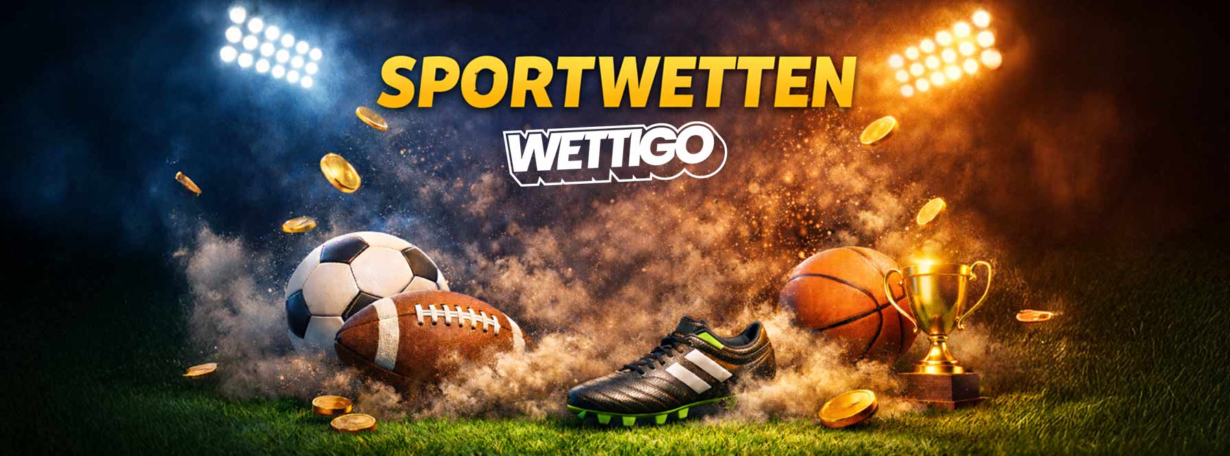 Sportwetten bei Wettigo mit Fussball American Football Pokal und Stadionlicht