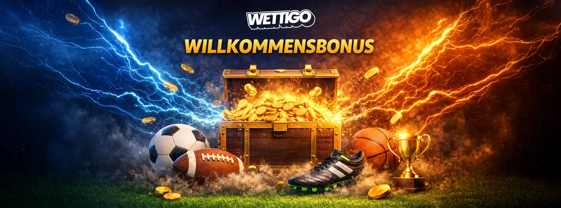 Wettigo Willkommensbonus mit Bonus Truhe Goldmünzen und Sport Symbolen